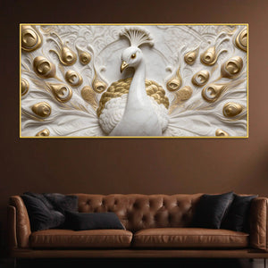Golden Feathered Imperial White Peacock 3D Canvas Wall Painting