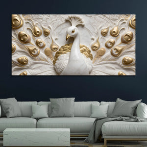 Golden Feathered Imperial White Peacock 3D Canvas Wall Painting