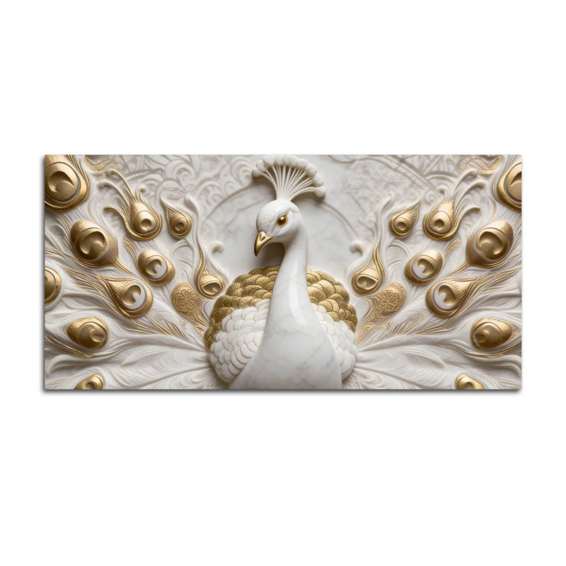 Golden Feathered Imperial White Peacock 3D Canvas Wall Painting