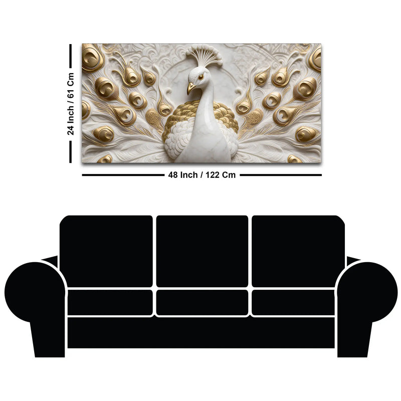 Golden Feathered Imperial White Peacock 3D Canvas Wall Painting