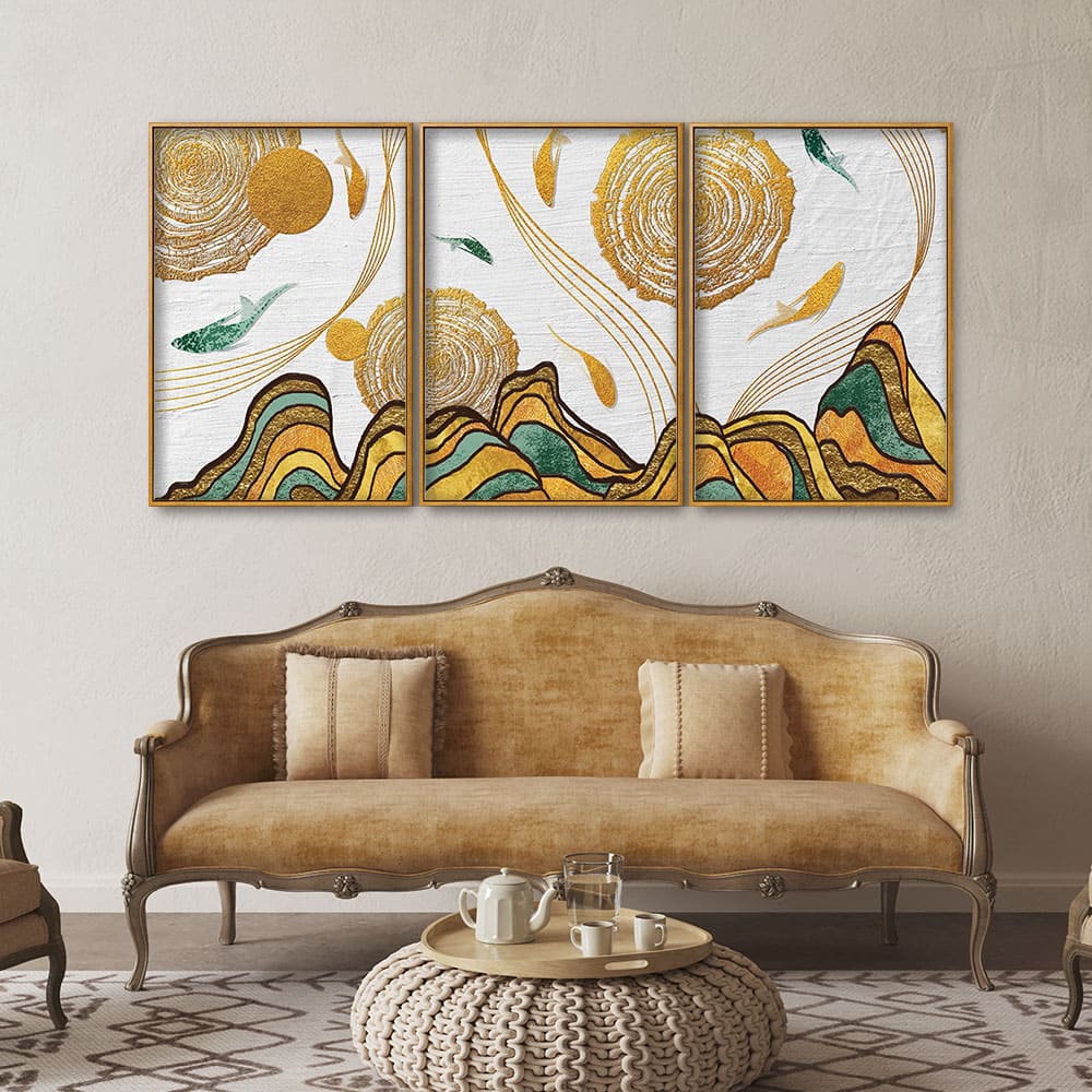 Golden Fish Abstract Premium Floating Canvas Wall Painting Set of Three