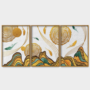 Golden Fish Abstract Premium Floating Canvas Wall Painting Set of Three