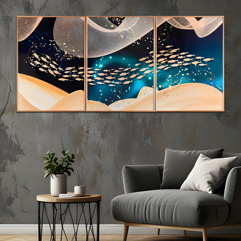 Golden Fishes Framed Crystal Glass Painting Set of 3