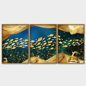 Golden Fishes in the Ocean Premium Floating Canvas Wall Painting Set of Three