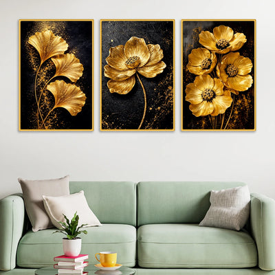 Golden Floral Canvas Wall Painting Set of Three for Living Room