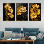 Golden Floral Canvas Wall Painting Set of Three for Living Room
