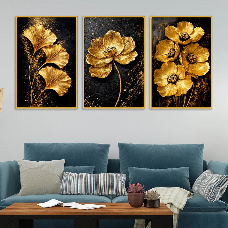 Golden Floral Canvas Wall Painting Set of Three for Living Room