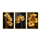 Golden Floral Canvas Wall Painting Set of Three for Living Room