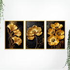 Golden Floral Canvas Wall Painting Set of Three for Living Room