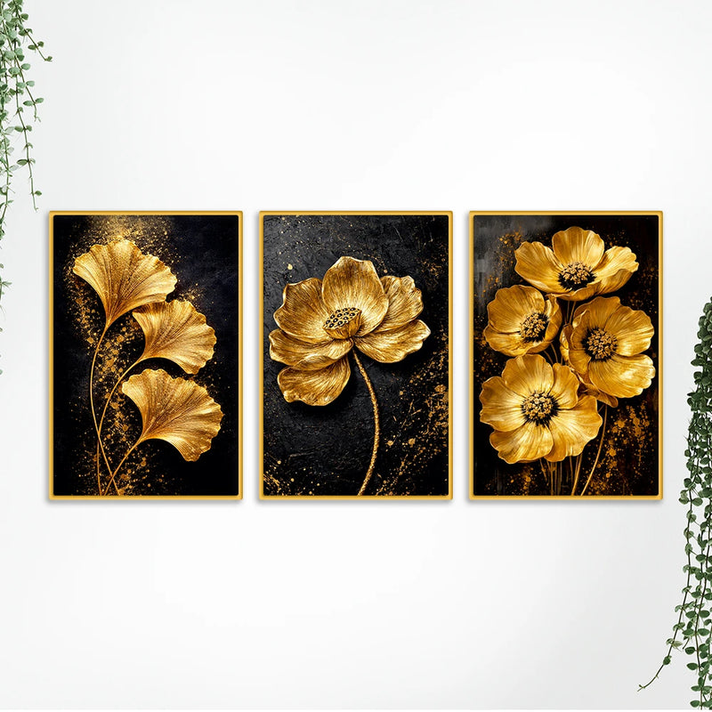 Golden Floral Canvas Wall Painting Set of Three for Living Room