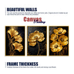 Golden Floral Canvas Wall Painting Set of Three for Living Room