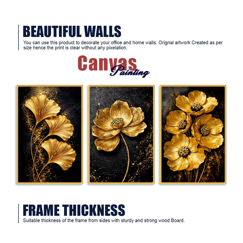 Golden Floral Canvas Wall Painting Set of Three for Living Room