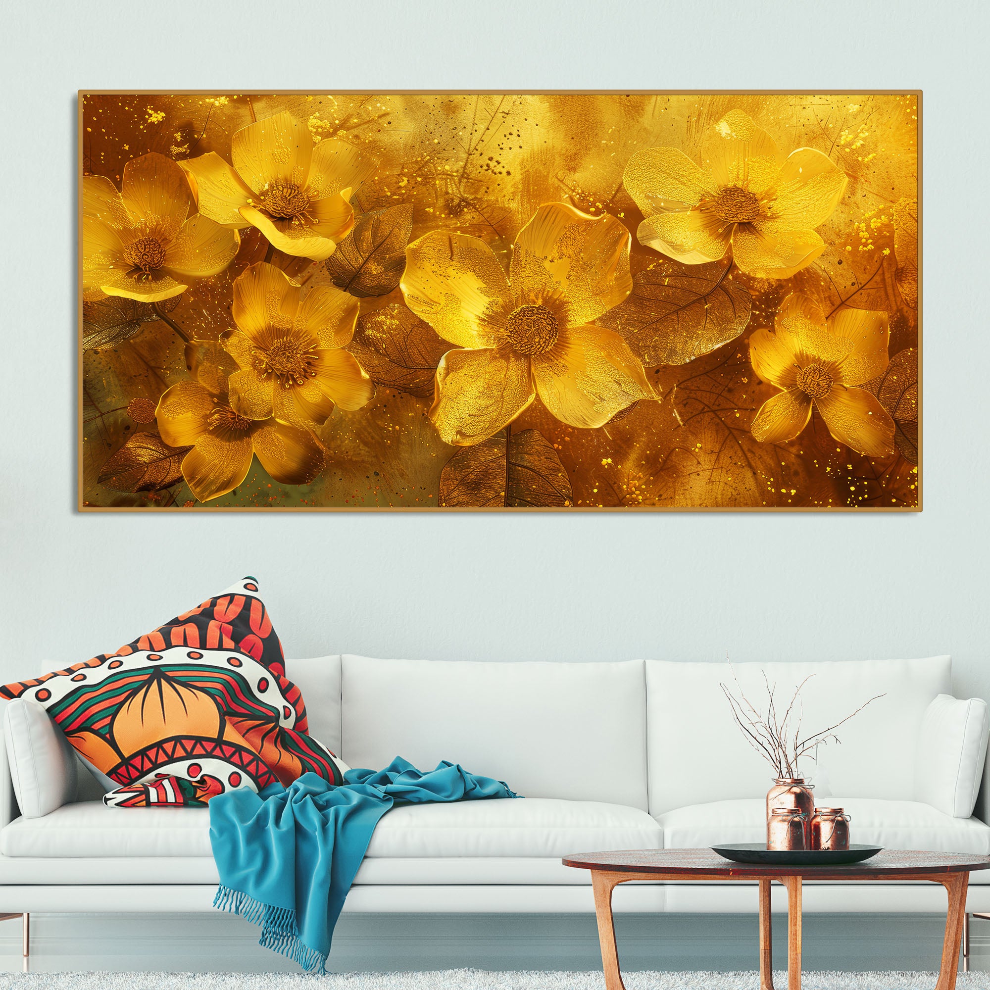 Golden Floral Flowers Field Premium Canvas Wooden Wall Painting