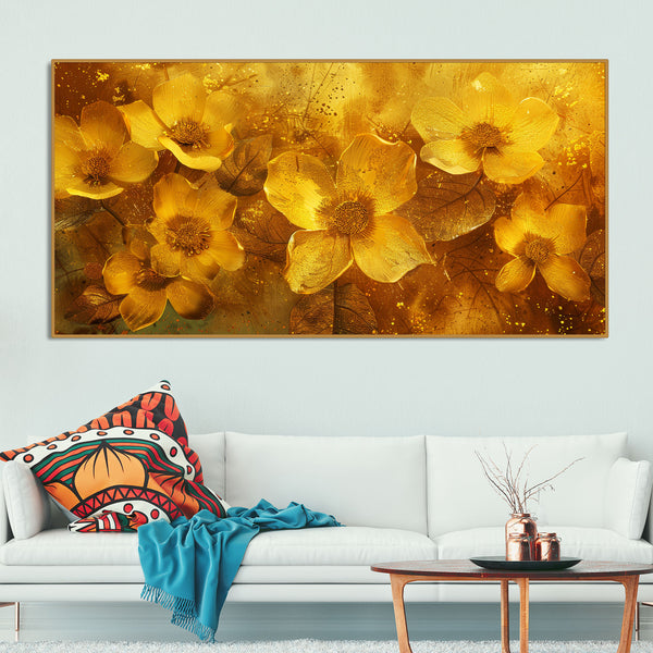 Golden Floral Flowers Field Premium Canvas Wooden Wall Painting
