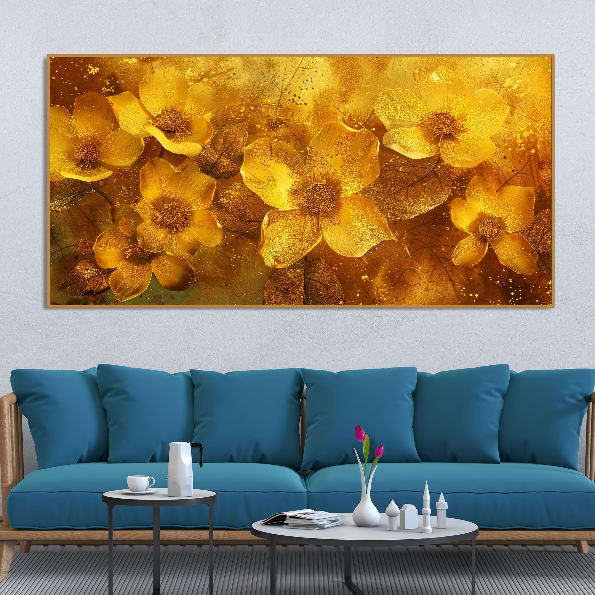 Golden Floral Flowers Field Premium Canvas Wooden Wall Painting