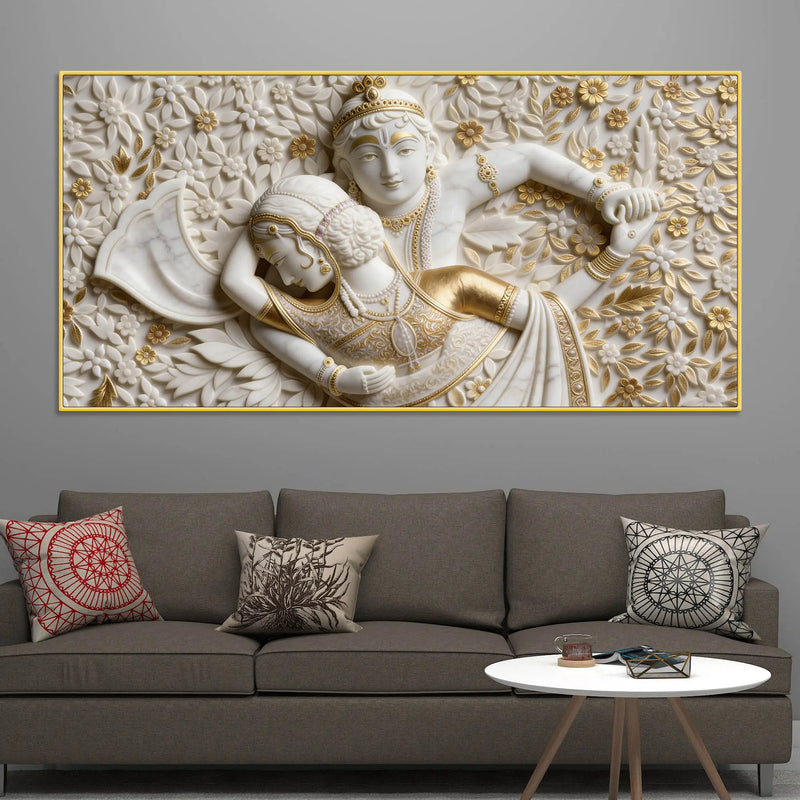 Golden Floral Radha Krishna 3D Canvas Wall Painting