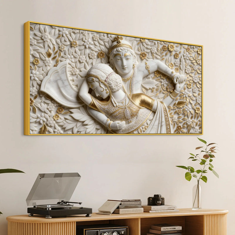 Golden Floral Radha Krishna 3D Canvas Wall Painting