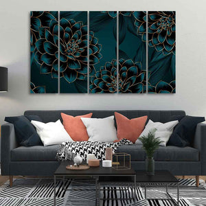 Golden Flowers Dahlia and Leaves Wall Painting of Five Pieces