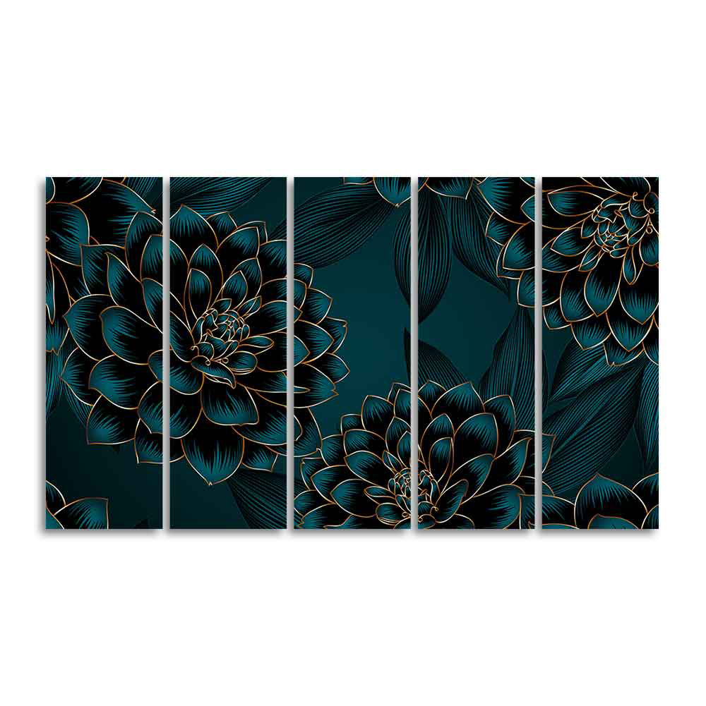 Golden Flowers Dahlia and Leaves Wall Painting of Five Pieces