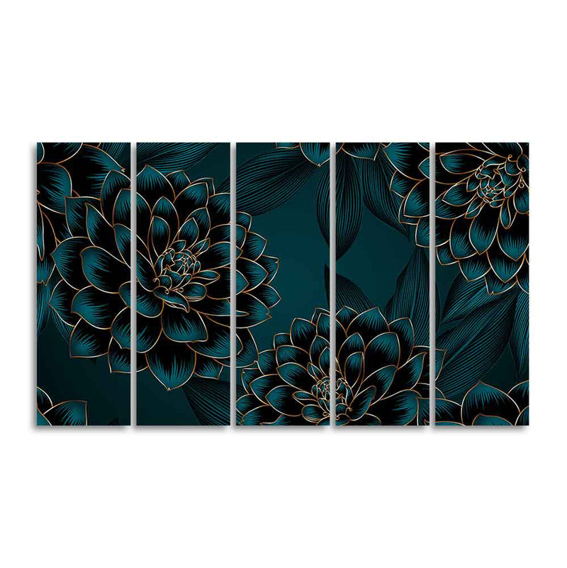 Golden Flowers Dahlia and Leaves Wall Painting of Five Pieces