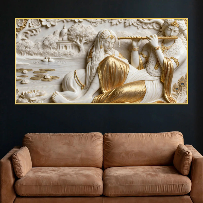 Golden Flute of Krishna with Radha 3D Canvas Wall Painting
