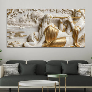 Golden Flute of Krishna with Radha 3D Canvas Wall Painting
