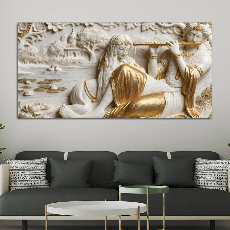Golden Flute of Krishna with Radha 3D Canvas Wall Painting