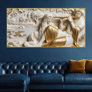 Golden Flute of Krishna with Radha 3D Canvas Wall Painting