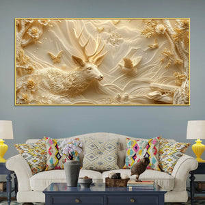 Golden Forest Deer with Flying Doves Luxury 3D Canvas Wall Painting