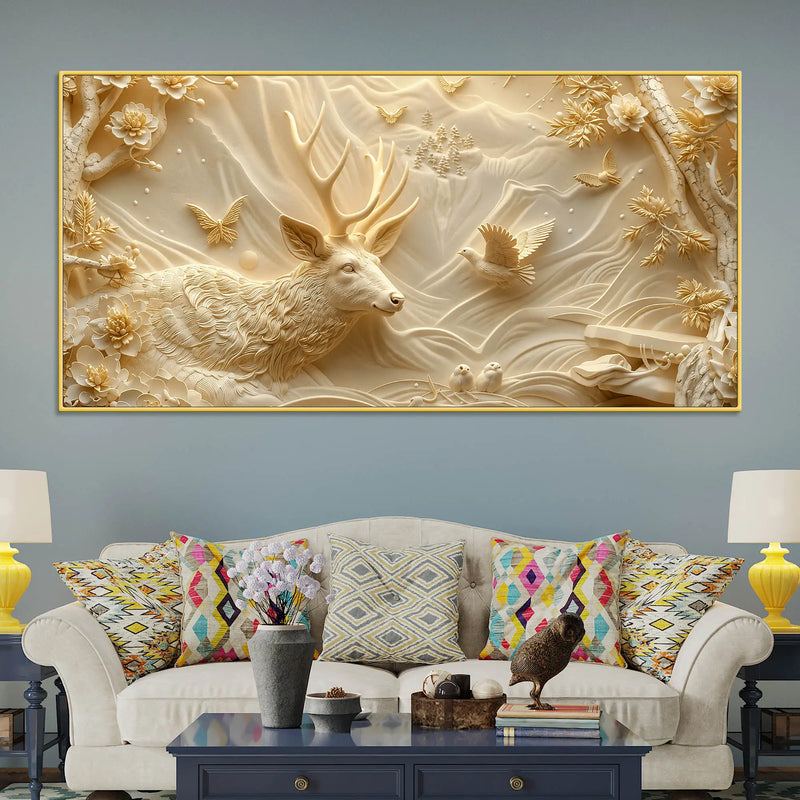 Golden Forest Deer with Flying Doves Luxury 3D Canvas Wall Painting