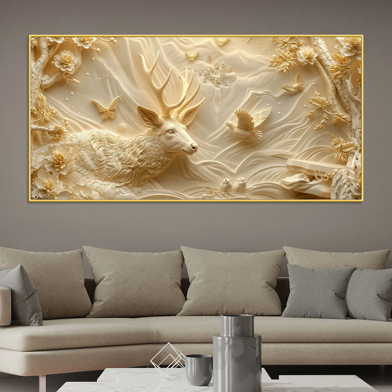 Golden Forest Deer with Flying Doves Luxury 3D Canvas Wall Painting