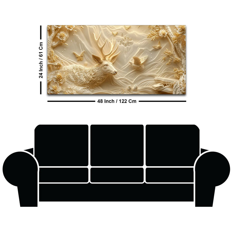 Golden Forest Deer with Flying Doves Luxury 3D Canvas Wall Painting