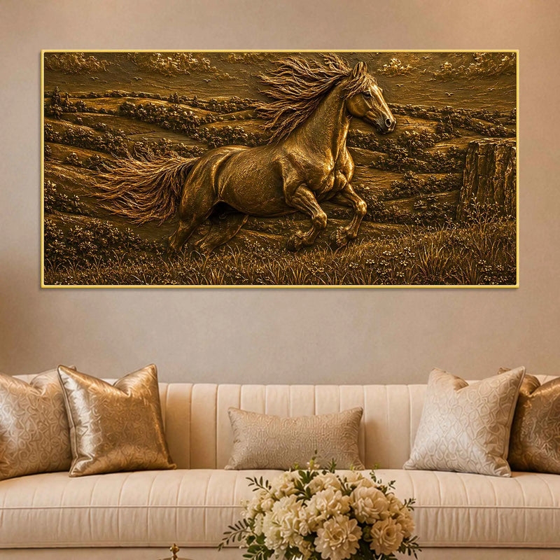 Golden Galloping Horse in Nature Metallic Look 3D Canvas Painting