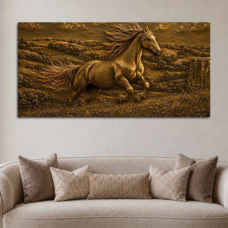 Golden Galloping Horse in Nature Metallic Look 3D Canvas Painting