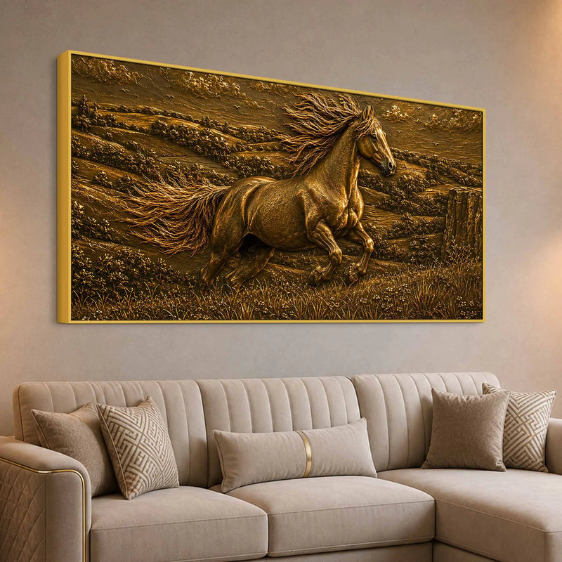 Golden Galloping Horse in Nature Metallic Look 3D Canvas Painting