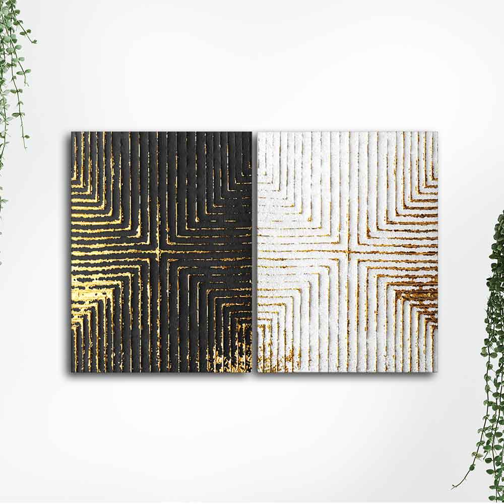 Golden Geometric Pattern Canvas Wall Painting of Two Pieces