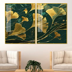 Golden Ginkgo Biloba Leaves Drawn Acrylic Floating Wall Painting Set Of 2