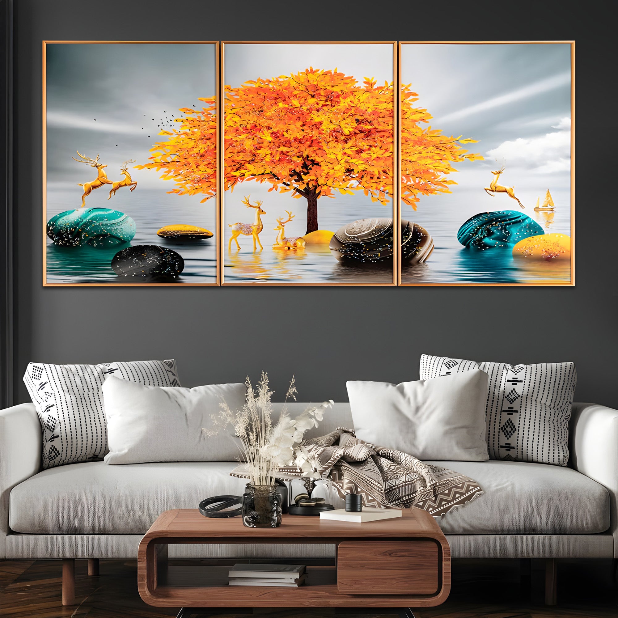 Golden Glory Nature Framed Crystal Glass Painting Set of 3