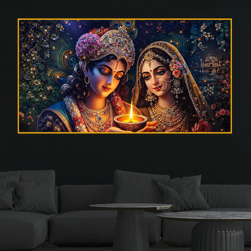 Golden Glow Radha Krishna Crystal Glass Wall Premium Painting