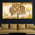 Golden Glow Tree and Deer Crystal Glass Wall Painting