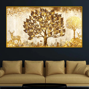 Golden Glow Tree and Deer Crystal Glass Wall Painting