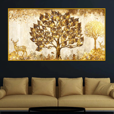 Golden Glow Tree and Deer Crystal Glass Wall Painting