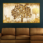 Golden Glow Tree and Deer Crystal Glass Wall Painting