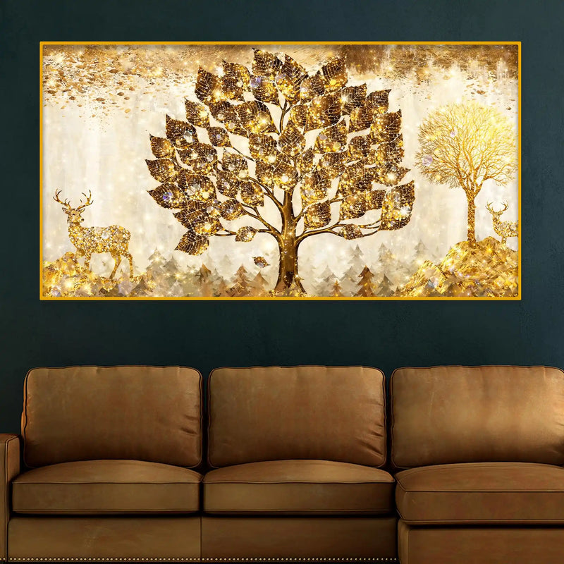 Golden Glow Tree and Deer Crystal Glass Wall Painting