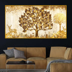 Golden Glow Tree and Deer Crystal Glass Wall Painting
