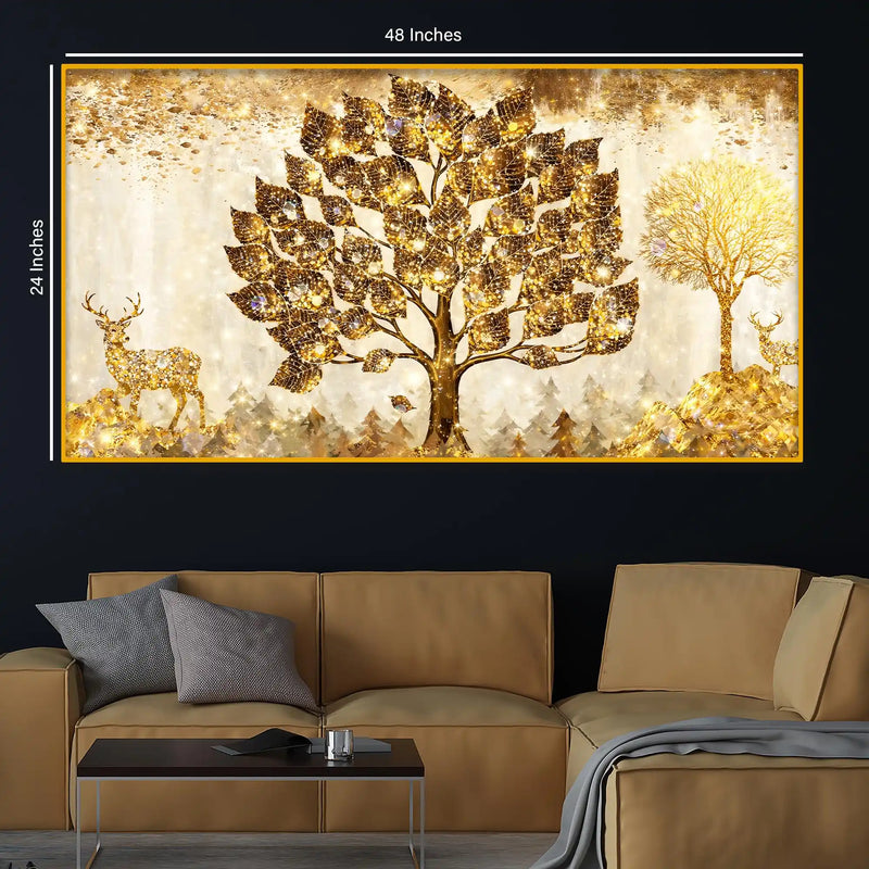 Golden Glow Tree and Deer Crystal Glass Wall Painting