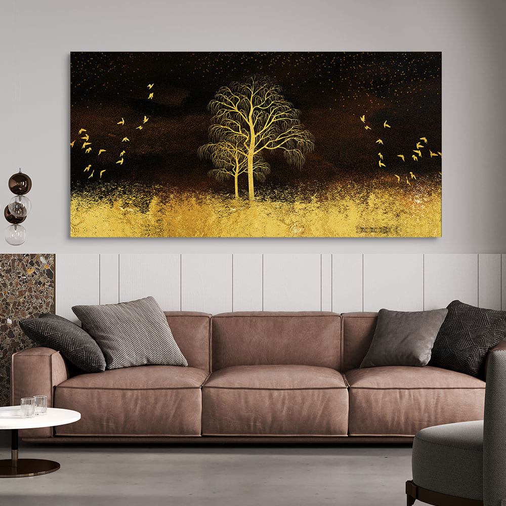 Golden Grass Trees with Birds in Dark Background Wall Painting