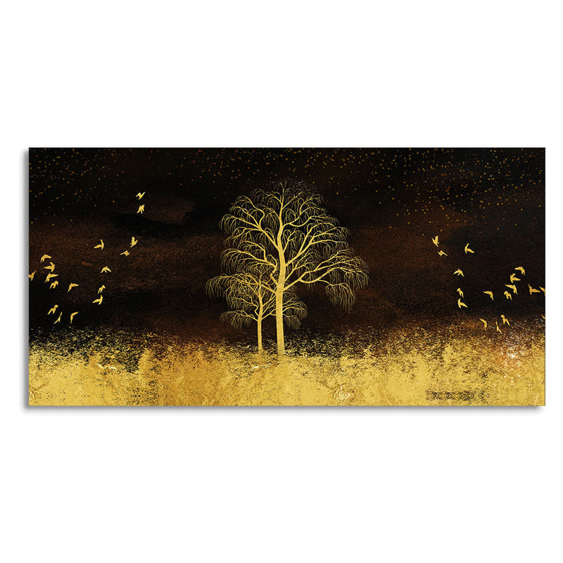 Golden Grass Trees with Birds in Dark Background Wall Painting
