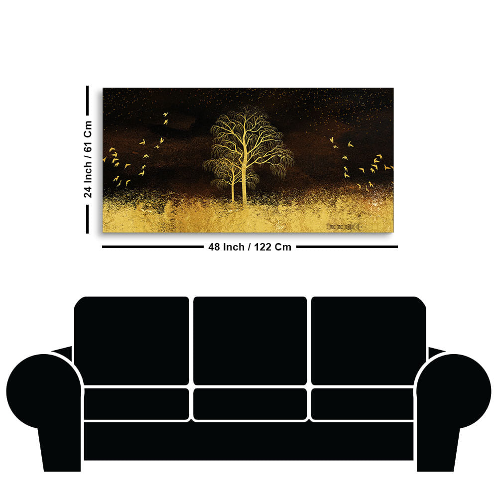 Golden Grass Trees with Birds in Dark Background Wall Painting