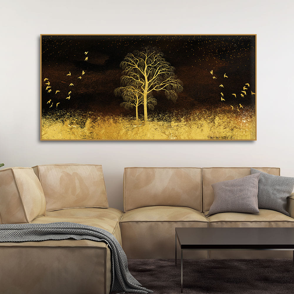 Golden Grass Trees with Birds in Dark Background Wall Painting